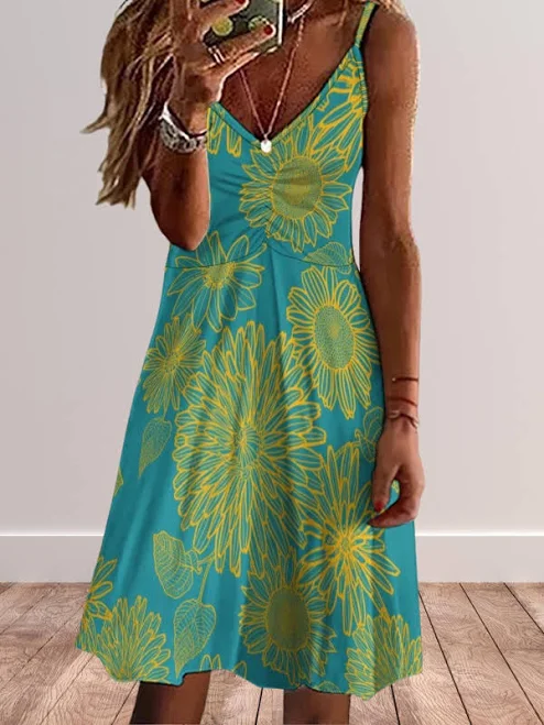 Floral Print Spaghetti Strap Knee Length Dress