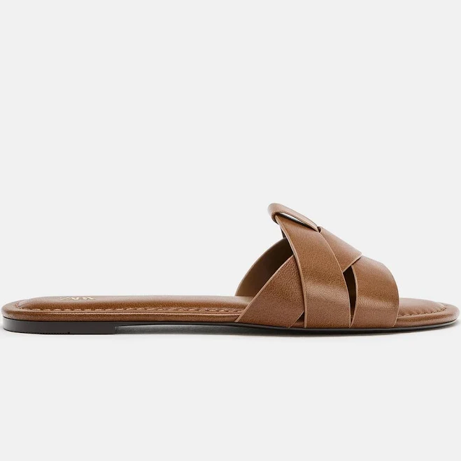 Zara Leather Crossed Strap Flat Sandals