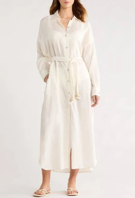 Elan Women's Linen Long Sleeve Maxi Shirtdress
