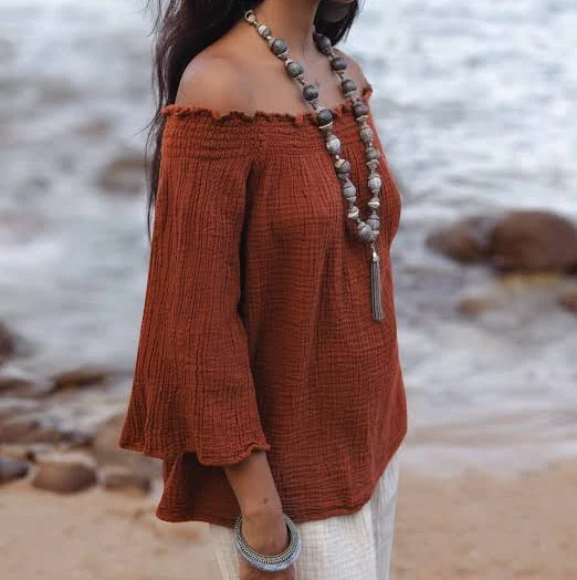 Women's Off-Shoulder Top | Bohemian Natural Cotton Shirt | Boho Style Maya in Rust