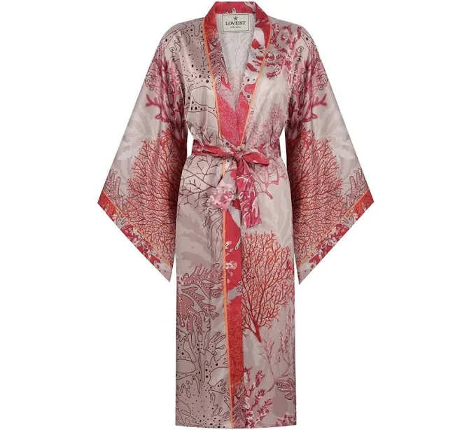Red Coral Print Women Satin Kimono