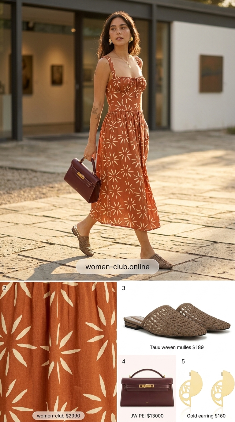Artsy Terracotta Smocked Sundress 2026 Terracotta abstract print smocked summer sundress 2026 for art gallery. Midi dress, leather mules, top-handle bag.