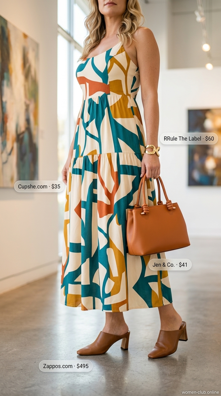 Art Gallery Smocked Sundress 2026 Smocked summer sundresses 2026: Cream abstract print maxi dress, burnt orange bag, gold cuff, tan mules for art gallery.