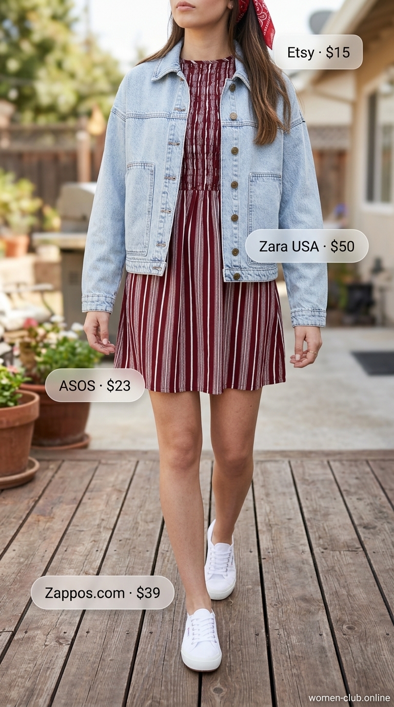 Backyard BBQ Smocked Sundress 2026 Smocked summer sundresses 2026: Red stripe mini dress, denim jacket, white sneakers for backyard BBQ.