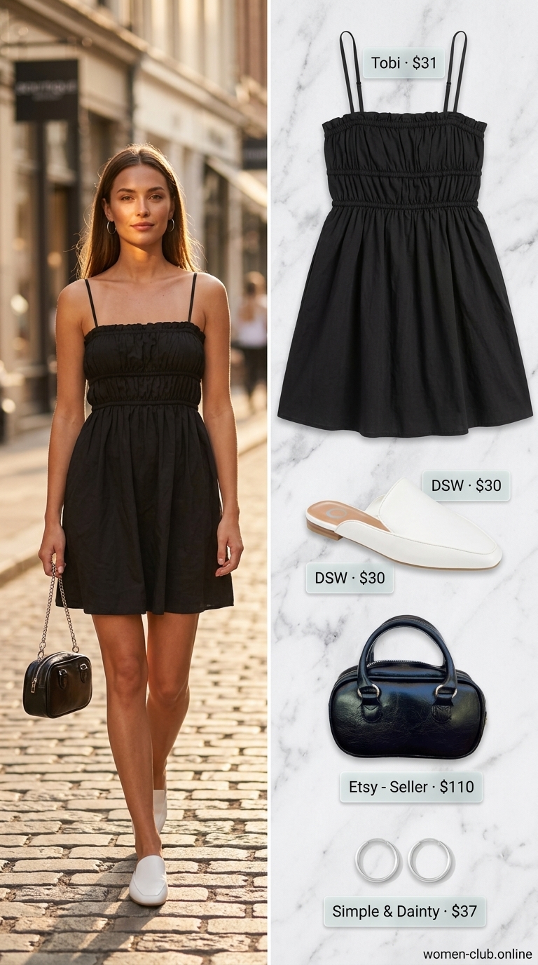 Smocked Summer Sundresses 2026: Chic Evening Mini Black smocked summer sundress 2026 for evening out with silver hoops and white leather mules.