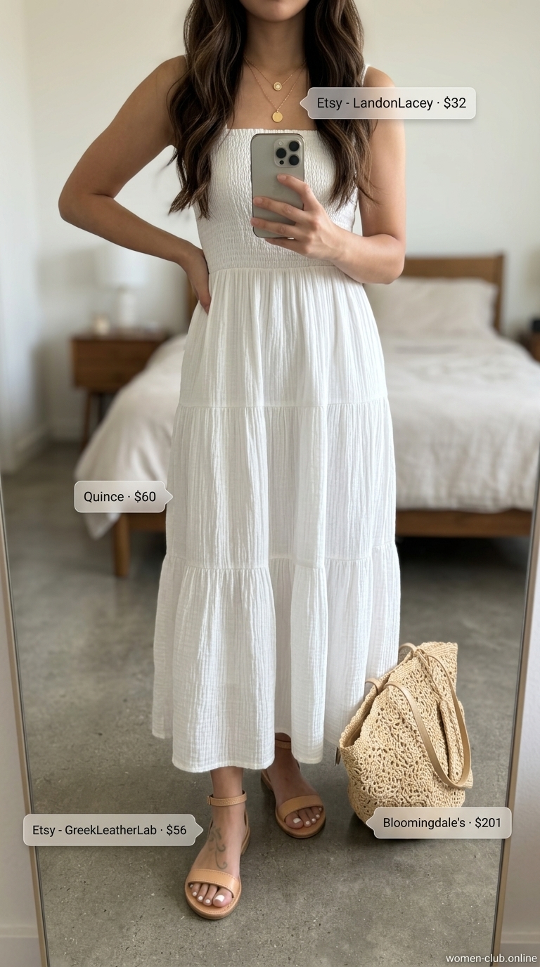 Boho White Smocked Maxi Sundress 2026 White smocked summer sundress 2026 maxi for beach day. Cotton voile dress, leather sandals, straw hat.