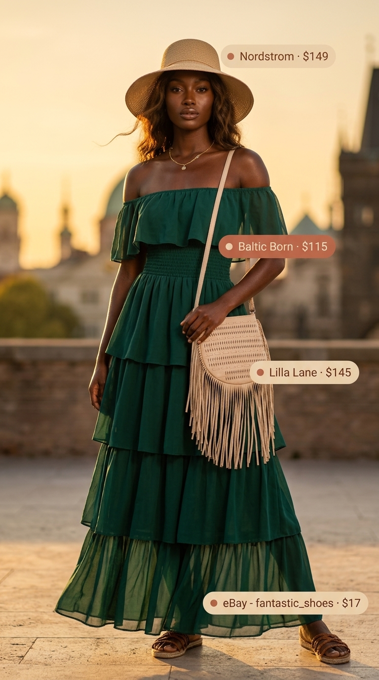 Smocked Summer Sundresses 2026: Boho Festival Bloom Terracotta smocked summer sundress 2026 for boho festivals with straw hat and layered necklaces.