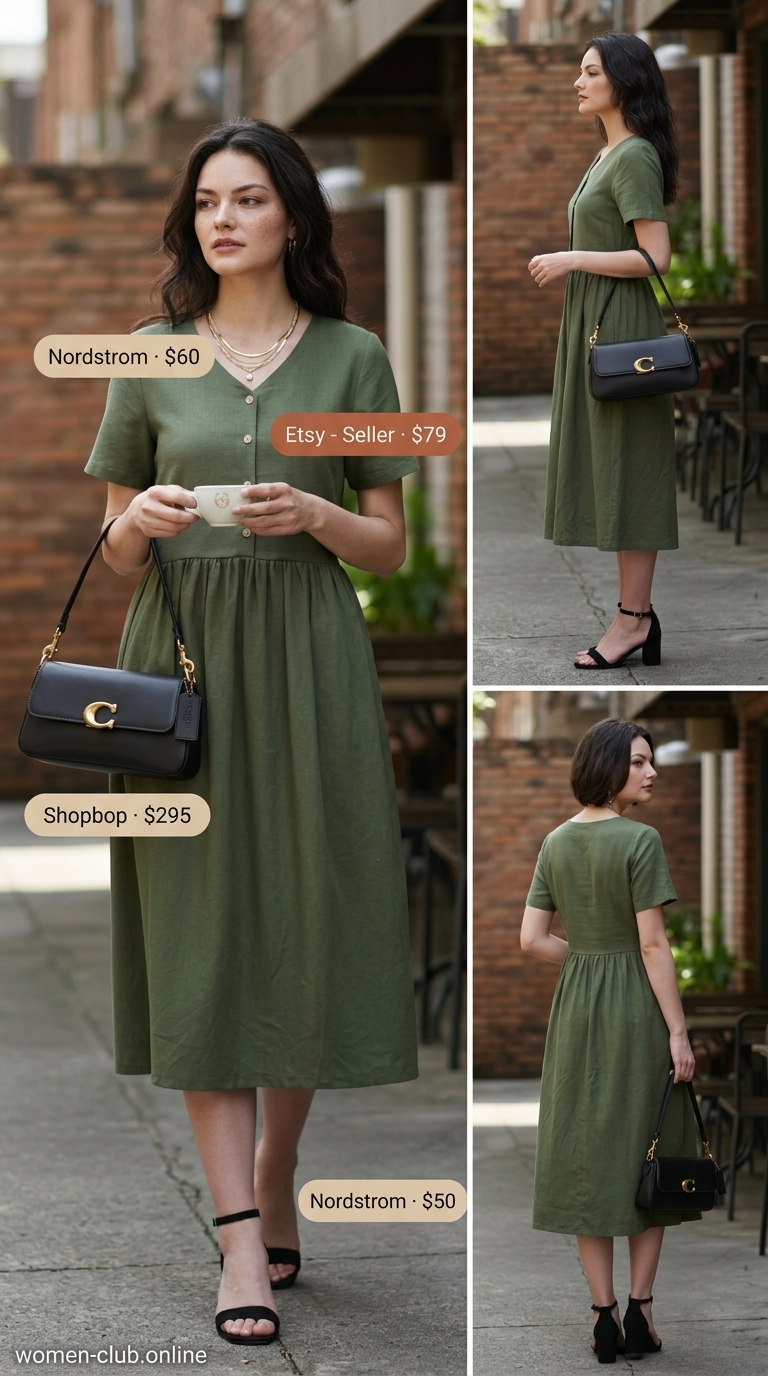 Polished City Smocked Sundress 2026 Olive green smocked summer sundress 2026 for city brunch. Tencel blend midi dress, black sandals, leather bag.
