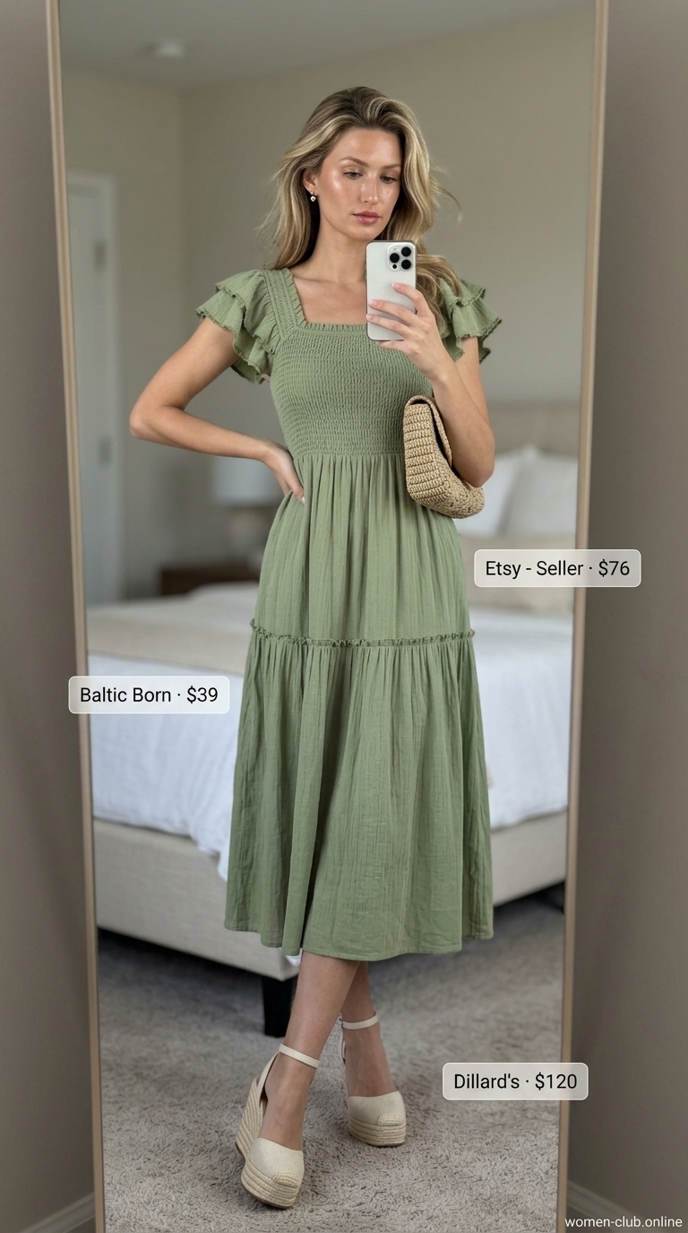 Coastal Chic Smocked Sundress 2026 Sage green smocked summer sundress 2026 for coastal dinner. Linen blend midi dress, espadrilles, raffia clutch.