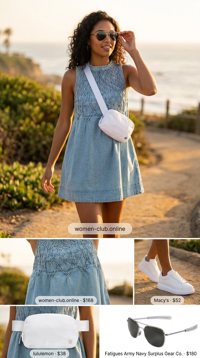 Smocked Summer Sundresses 2026: Casual Weekend Getaway Denim smocked summer sundress 2026 for casual weekend getaways with white sneakers.