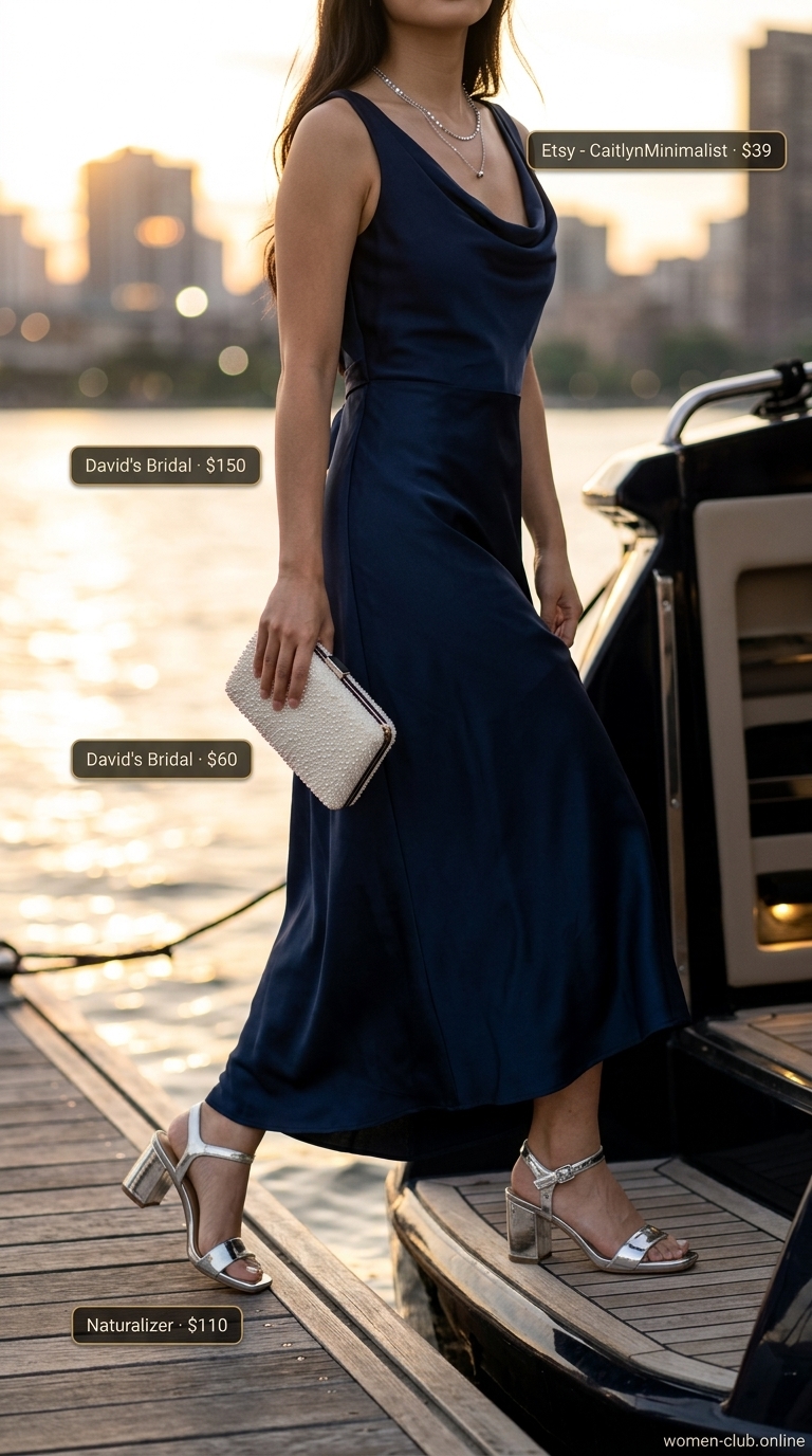 Elegant Navy Smocked Sundress 2026 Navy blue smocked summer sundress 2026 for dinner cruise. Matte satin midi dress, silver heels, pearl clutch.