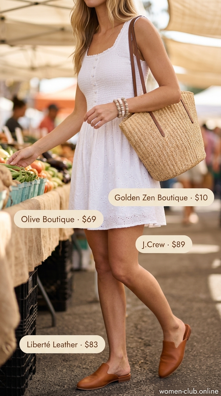 Farmers Market Smocked Sundress 2026 Smocked summer sundresses 2026: White eyelet mini dress, straw basket bag, leather mules for farmers market.