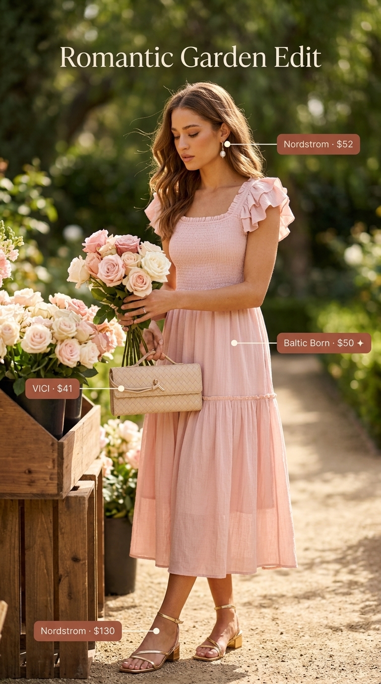 Romantic Blush Smocked Sundress 2026 Blush pink smocked summer sundress 2026 for garden party. Linen blend midi dress, gold block heels, straw clutch.