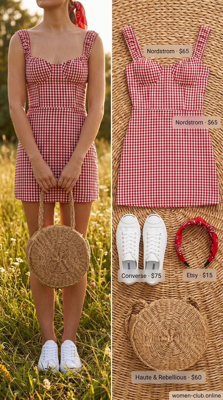 Smocked Summer Sundresses 2026: Playful Retro Picnic Gingham smocked summer sundress 2026 for picnics with wicker bag and red bandana.
