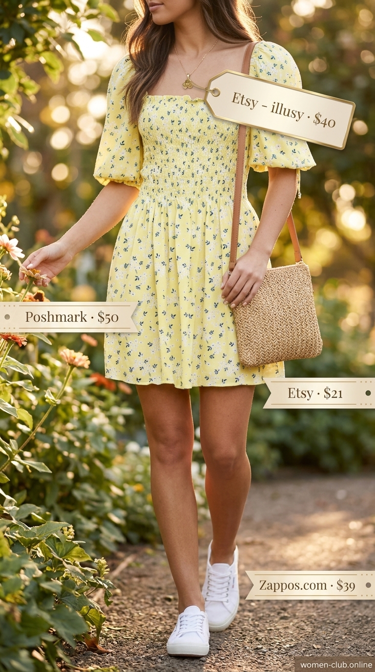 Sweet Pastel Smocked Sundress 2026 Pastel yellow floral smocked summer sundress 2026 for picnic. Mini dress, canvas sneakers, straw crossbody bag.