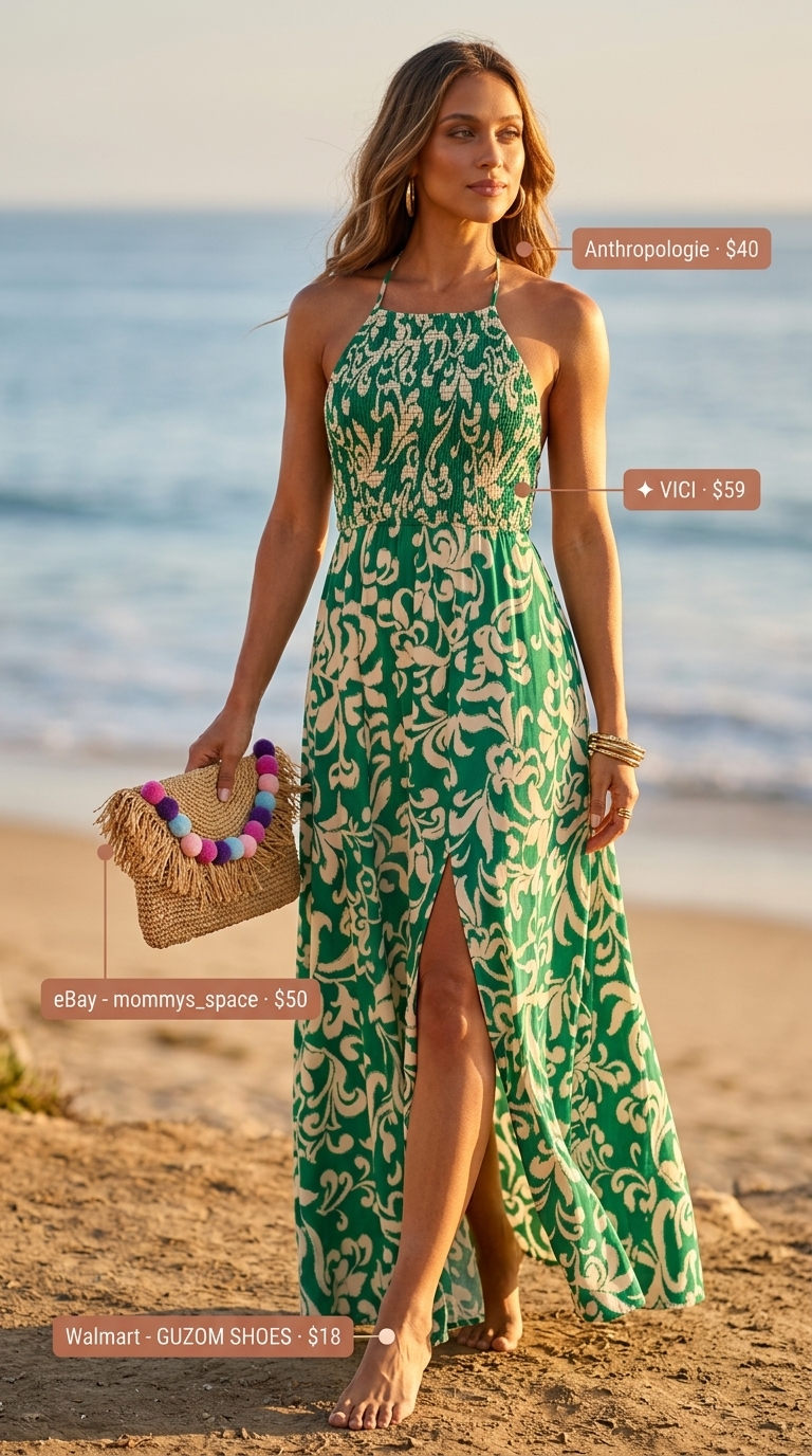 Island Getaway Smocked Sundress 2026 Smocked summer sundresses 2026: Emerald green tropical maxi dress, gold hoops, metallic sandals for island getaway.