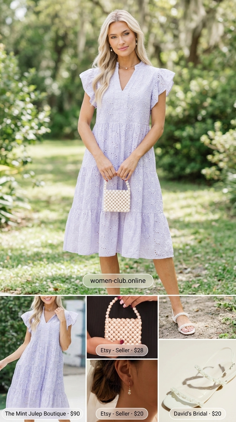 Smocked Summer Sundresses 2026: Lakeside Afternoon Tea Lavender smocked summer sundress 2026 for afternoon tea with pearl bag and white sandals.