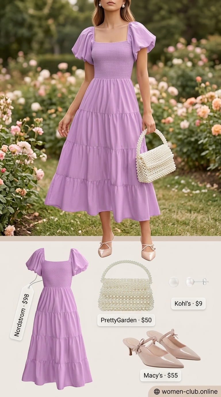 Smocked Summer Sundresses 2026: Graceful Lavender Lunch Lavender crinkle cotton smocked summer sundress 2026 for outdoor lunch with nude mules.