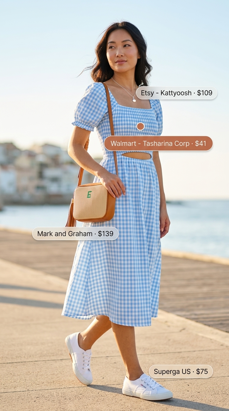 Smocked Summer Sundresses 2026: Ethereal Lavender Lunch Lavender smocked summer sundress 2026 for daytime events with nude mules and pearl earrings.