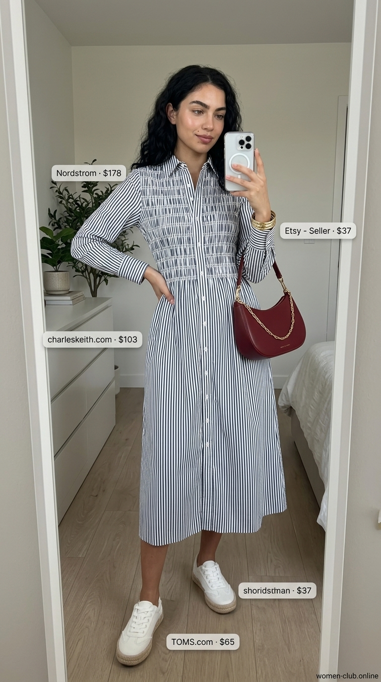 Smocked Summer Sundresses 2026: Preppy Yacht Club Style Navy stripe smocked summer sundress 2026 for coastal lunch with espadrilles and red bag.