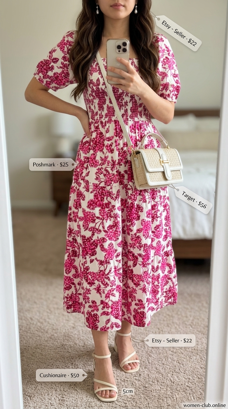 Charming Floral Smocked Sundress 2026 Pink floral smocked summer sundress 2026 for brunch. Viscose rayon midi dress, cream sandals, straw bag.