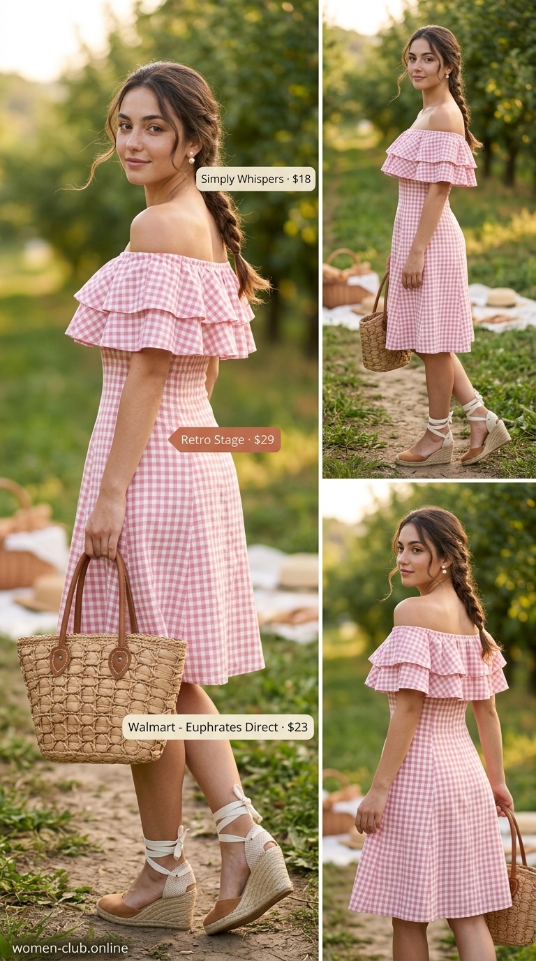 Retro Gingham Smocked Sundress 2026 Pink gingham smocked summer sundress 2026 for orchard visit. Mini dress, espadrilles, straw basket bag.