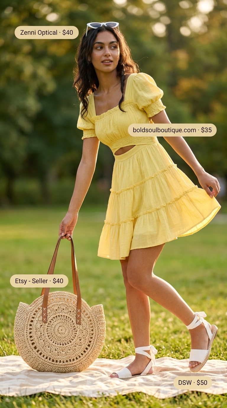 Picnic Ready Smocked Sundress 2026 Smocked summer sundresses 2026: Lemon yellow mini dress, espadrilles, straw tote for picnic.