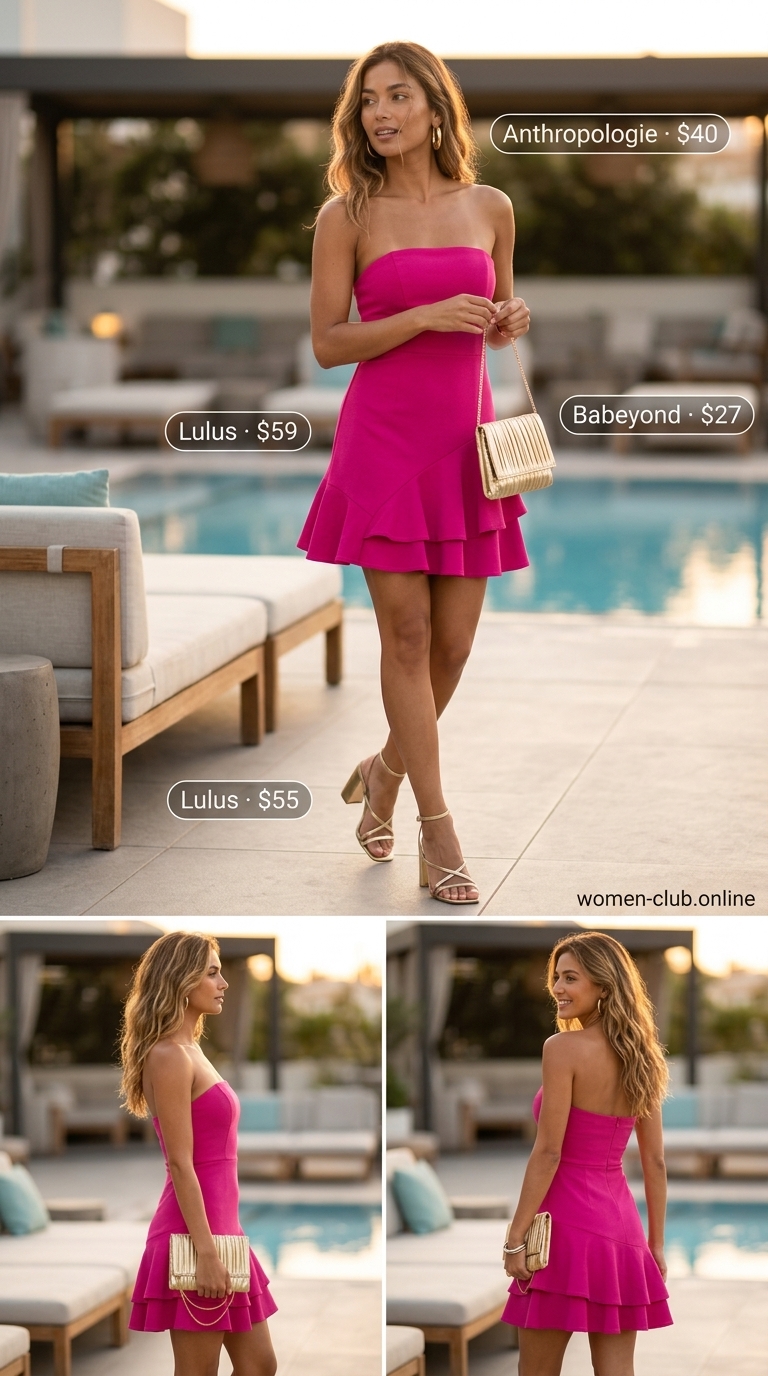 Glamorous Pink Smocked Sundress 2026 Hot pink smocked summer sundress 2026 for poolside cocktails. Mini dress, metallic gold heels and clutch.