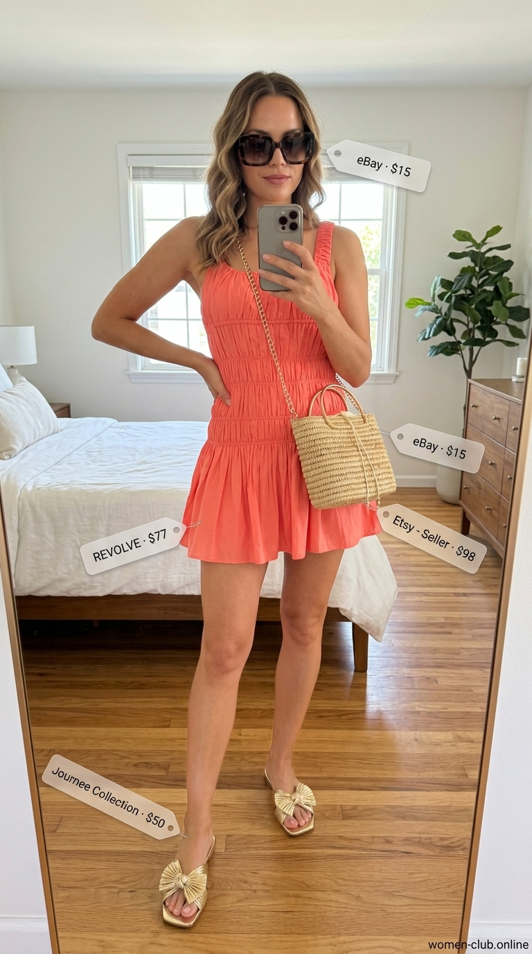 Tropical Festival Smocked Sundress 2026 Smocked summer sundresses 2026: Bright coral mini dress, raffia bag, gold sandals for tropical festival.