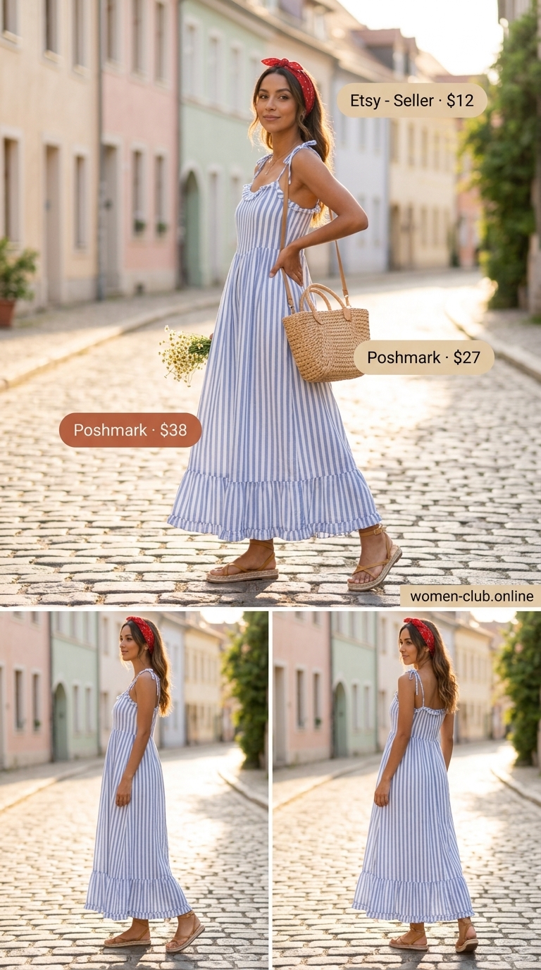 Weekend Errands Smocked Sundress 2026 Smocked summer sundresses 2026: Navy stripe maxi dress, red bandana, canvas bag for weekend errands.