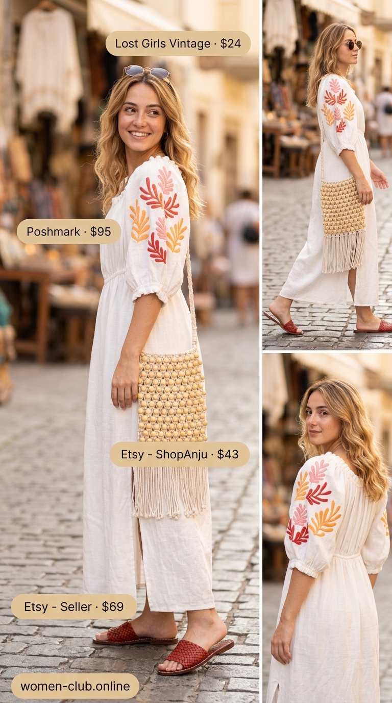 Smocked Summer Sundresses 2026: Boho Luxe Festival White smocked summer sundress 2026 with embroidery for festivals with macrame bag and wood bangles.
