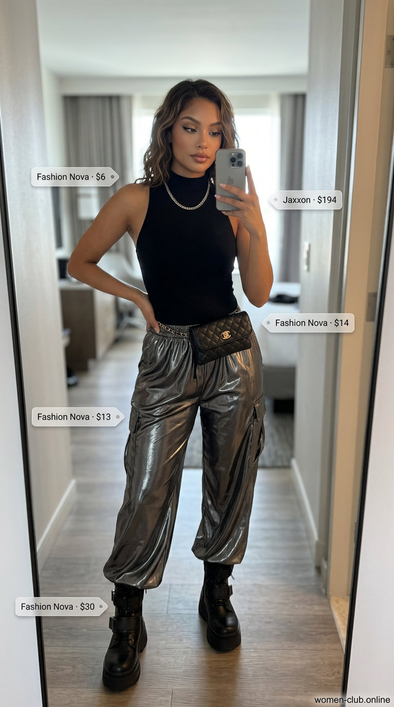 Edgy charcoal metallic cargo pants outfit for sparkle summer going out outfits for women 2026. Styled with a black bodysuit and combat boots.