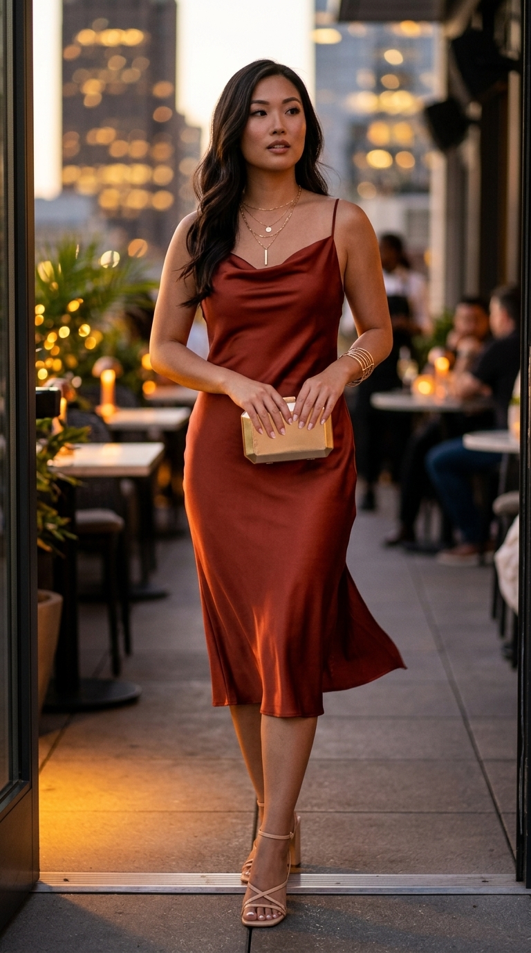 Sparkle summer going out outfits for women 2026: Coral satin slip dress with gold accessories for a glamorous night.
