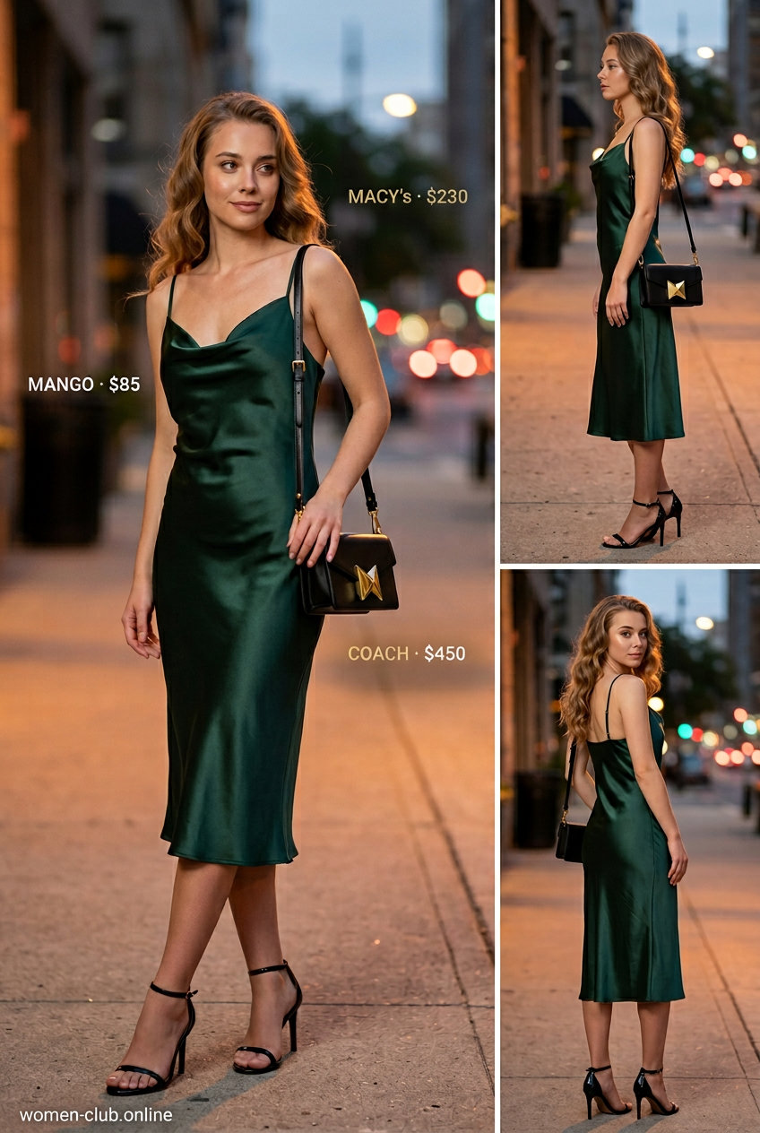 Sparkle summer going out outfits for women 2026: Emerald green satin slip dress with gold jewelry for elegant evenings.