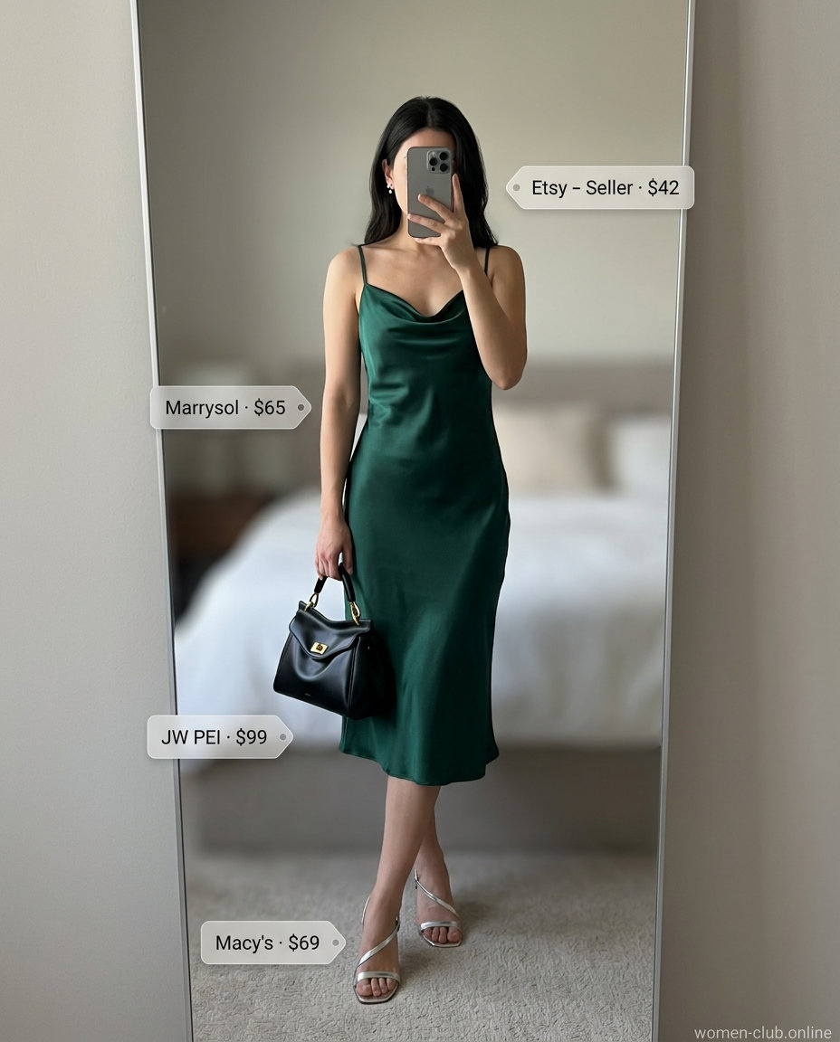 Sophisticated emerald green slip dress for sparkle summer going out outfits for women 2026. Styled with metallic silver heels and a black bag.