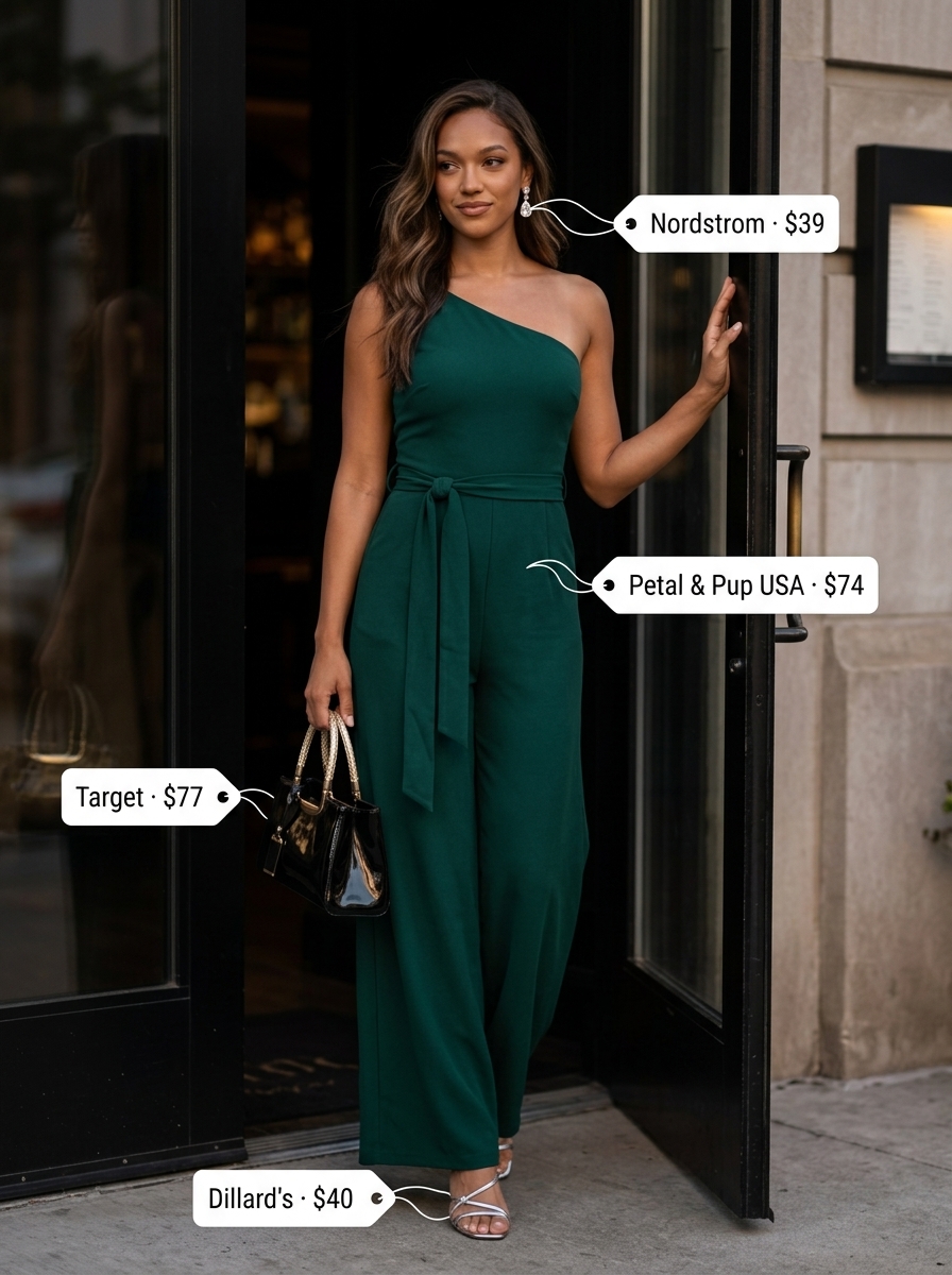Sparkle summer going out outfits for women 2026: Emerald green wide-leg jumpsuit for a vibrant cocktail party.