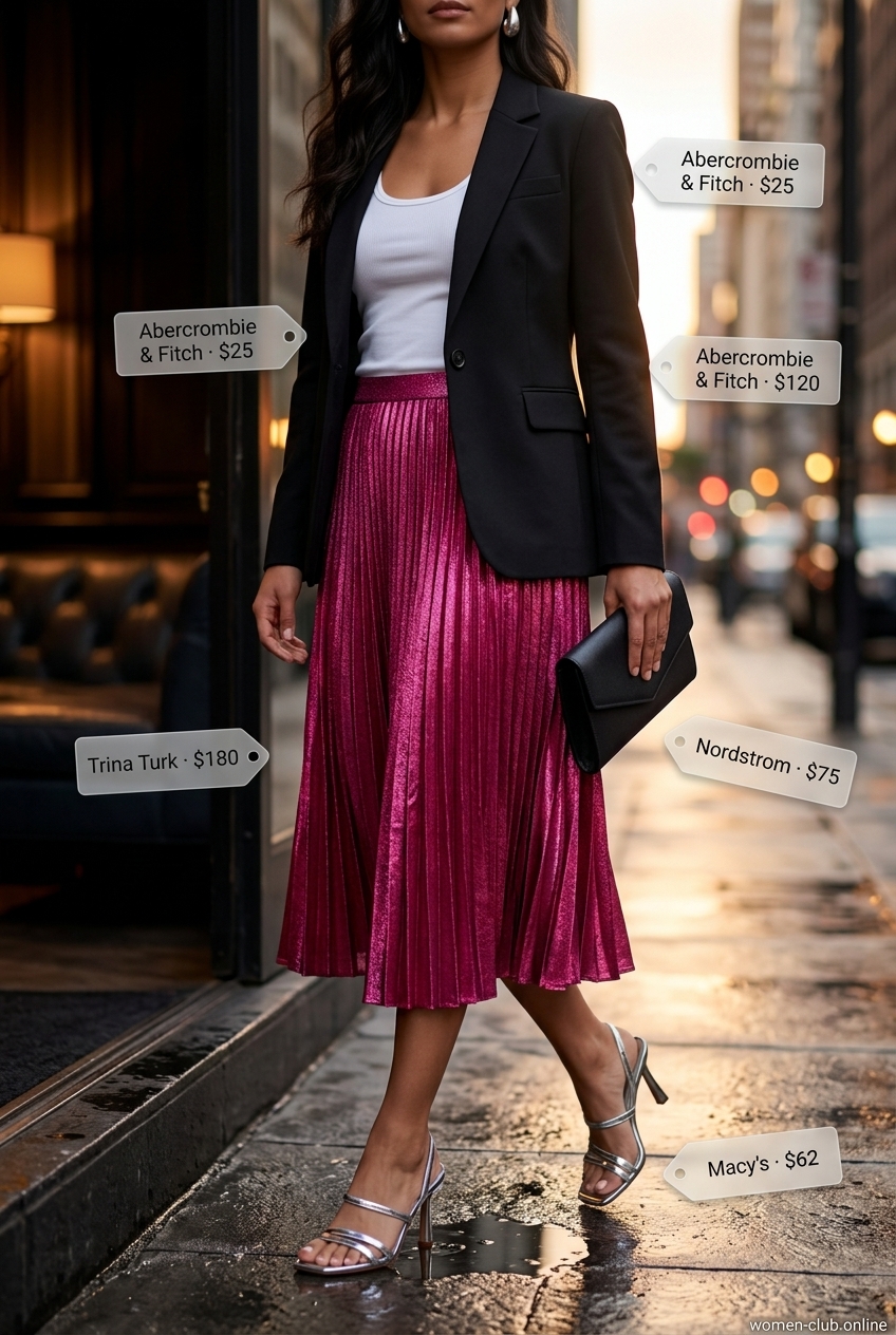 Sparkle summer going out outfits for women 2026: Fuchsia metallic skirt with a white tank and black blazer.