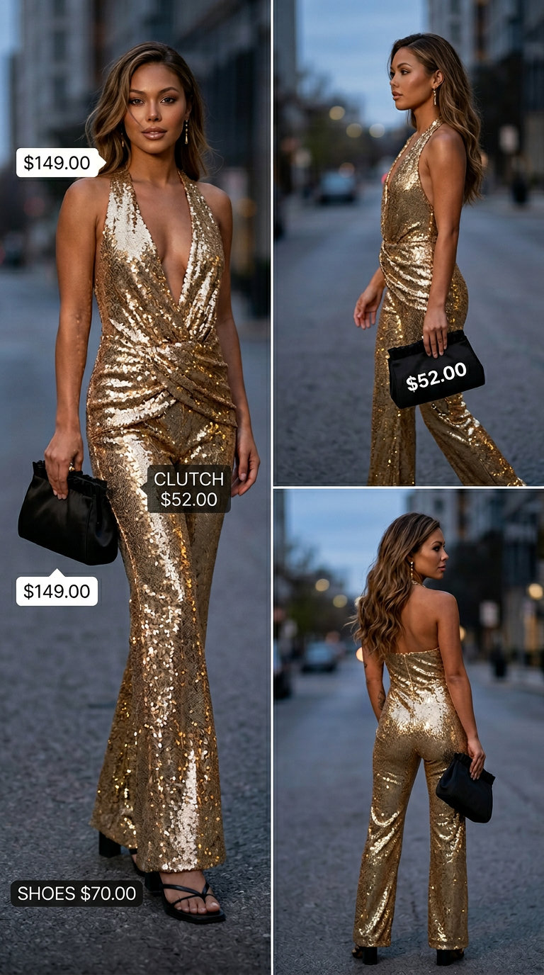 Sparkle summer going out outfits for women 2026: Gold sequin wide-leg jumpsuit for a glamorous statement party look.