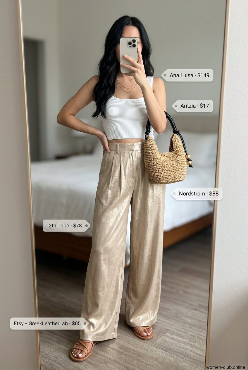 Radiant gold wide-leg pants outfit for sparkle summer going out outfits for women 2026. Styled with a white crop top and tan sandals.
