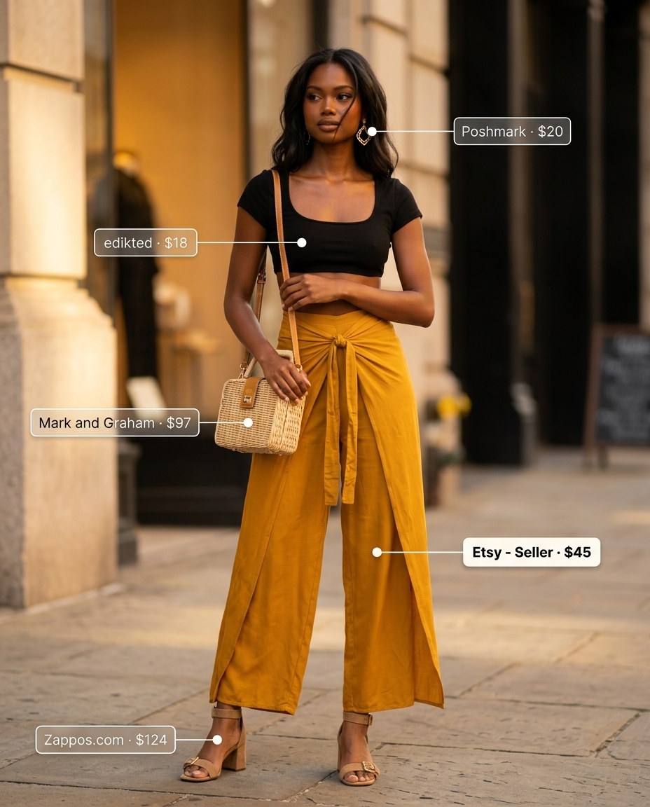 Sparkle summer going out outfits for women 2026: Mustard yellow wide-leg pants with a black crop top for a sophisticated evening.