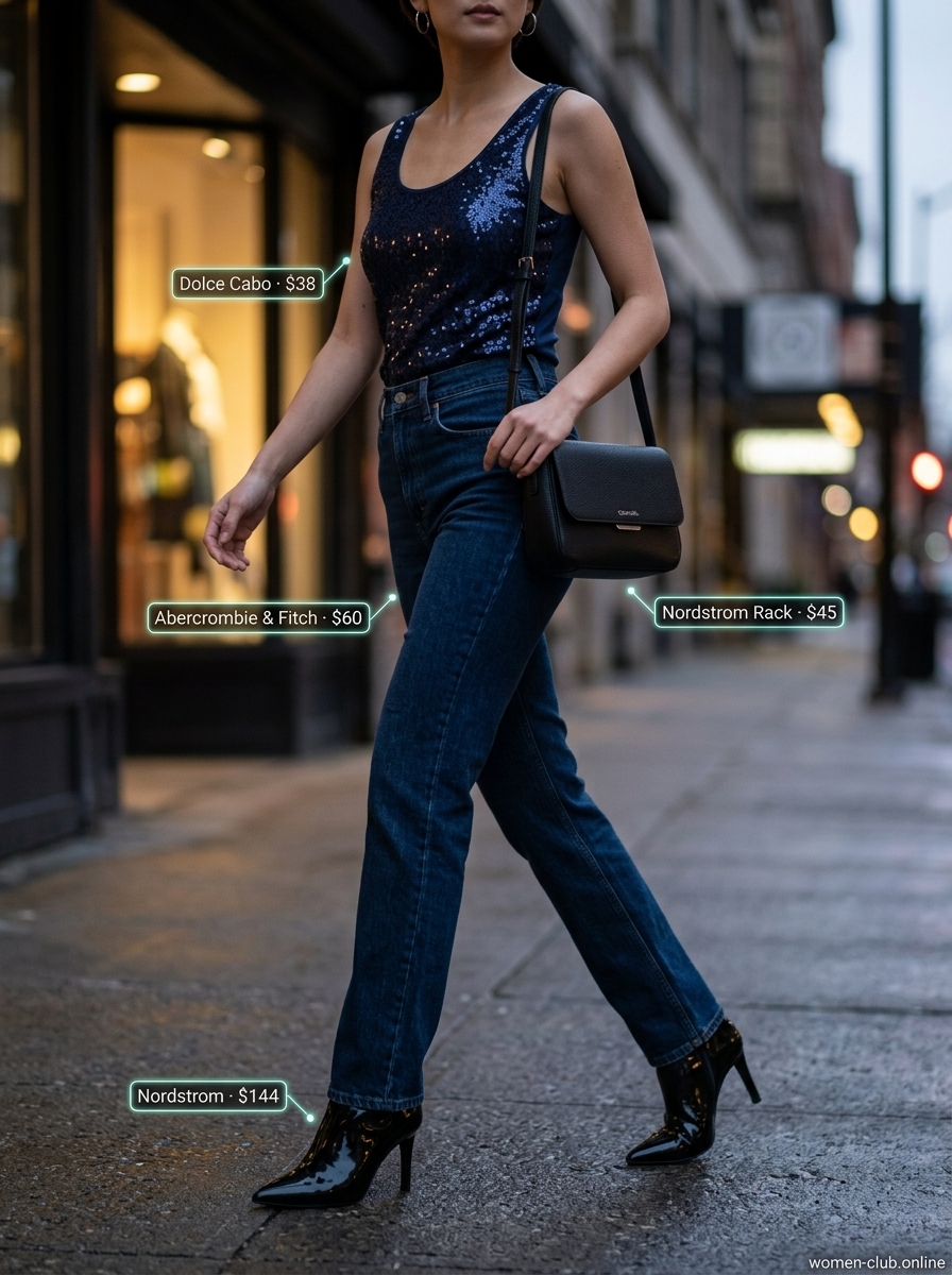 Sparkle summer going out outfits for women 2026: Navy sequin tank top with dark wash jeans for a cool evening out.