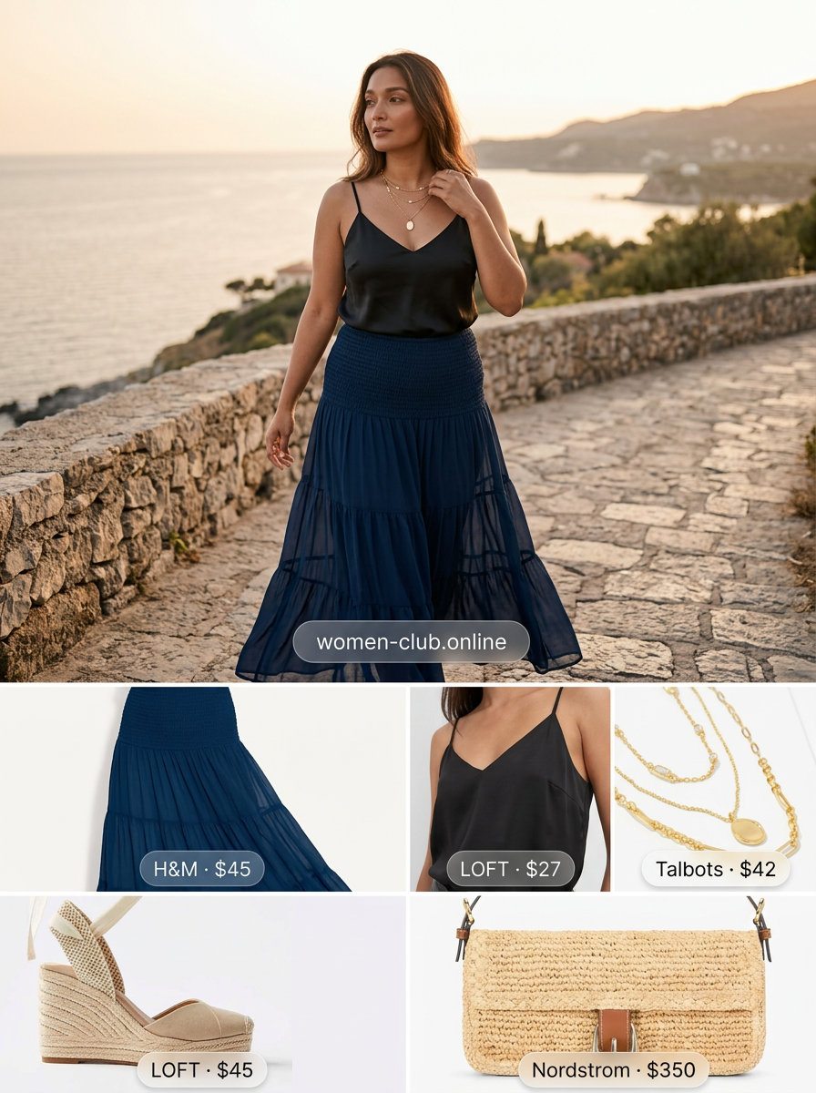 Sparkle summer going out outfits for women 2026: Navy maxi skirt with subtle sparkle trim and a black satin cami for an elegant look.