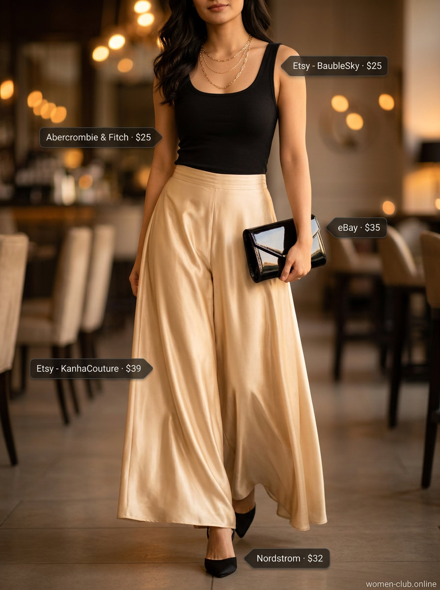 Sparkle summer going out outfits for women 2026: Champagne satin wide-leg pants with a black tank for elegant evenings.