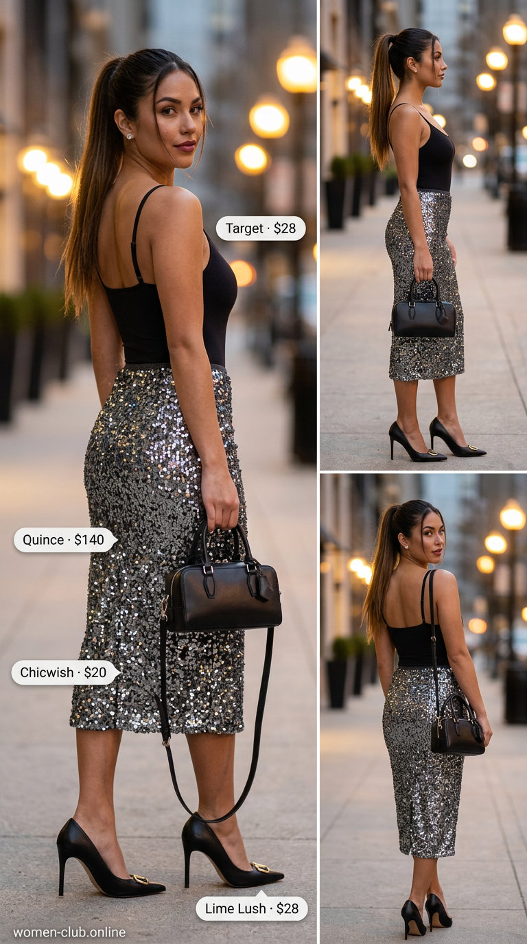 Sparkle summer going out outfits for women 2026: Silver sequin midi skirt with a black bodysuit for city nights.