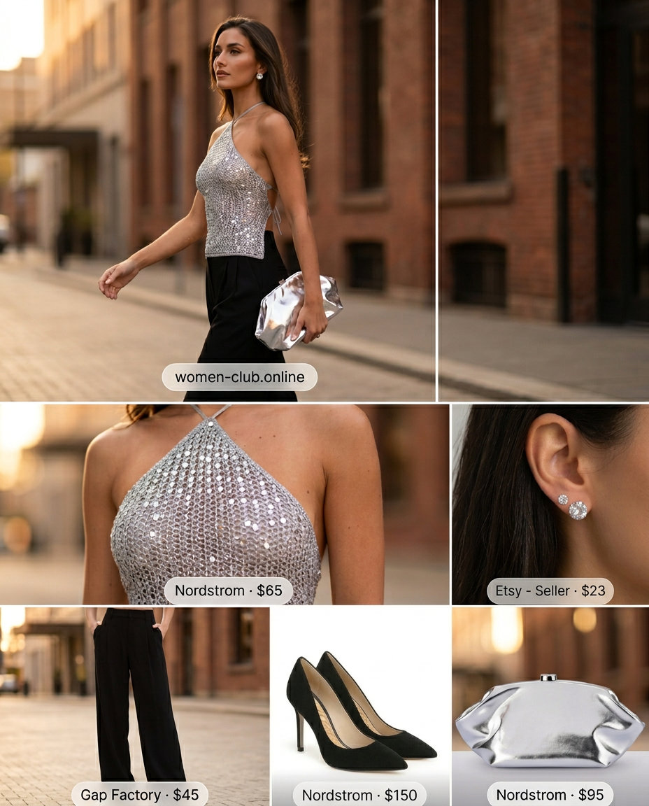 Glamorous silver beaded halter top outfit for sparkle summer going out outfits for women 2026. Styled with black wide-leg trousers and pumps.