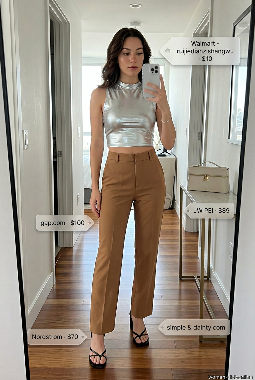 Sparkle summer going out outfits for women 2026: Silver halter crop top with black tailored trousers for a night out.