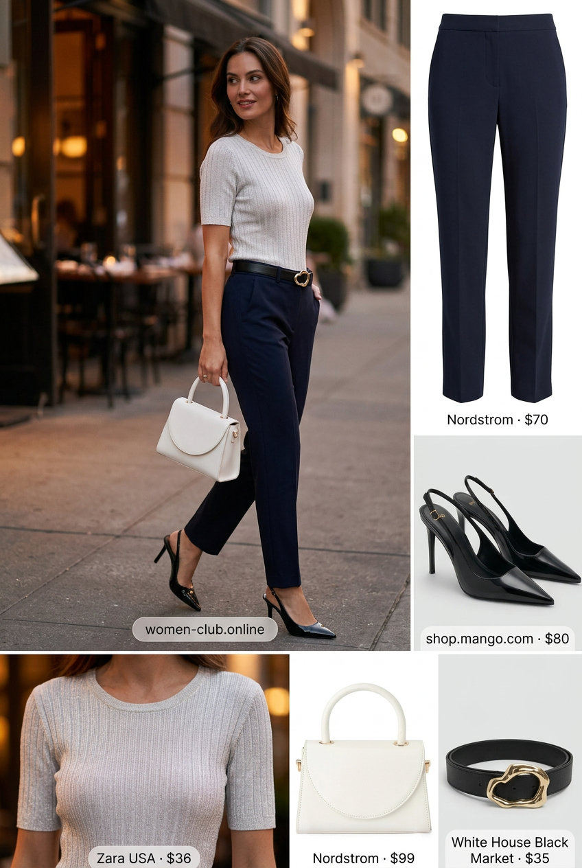 Chic silver metallic knit top outfit for sparkle summer going out outfits for women 2026. Paired with black tailored trousers and stilettos.