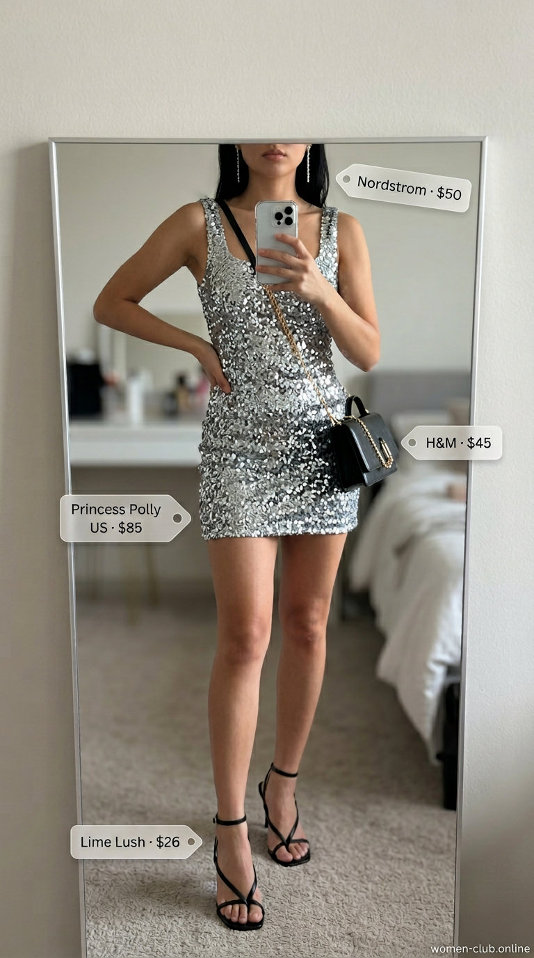 Glamorous silver sequin mini dress for sparkle summer going out outfits for women 2026. Paired with black heels and a crossbody bag.