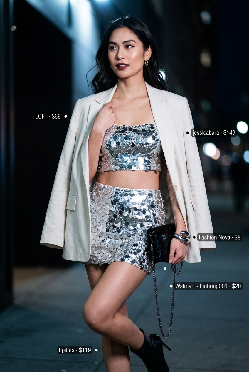 Sparkle summer going out outfits for women 2026: Silver sequin mini skirt set with an oversized white blazer for an edgy party look.