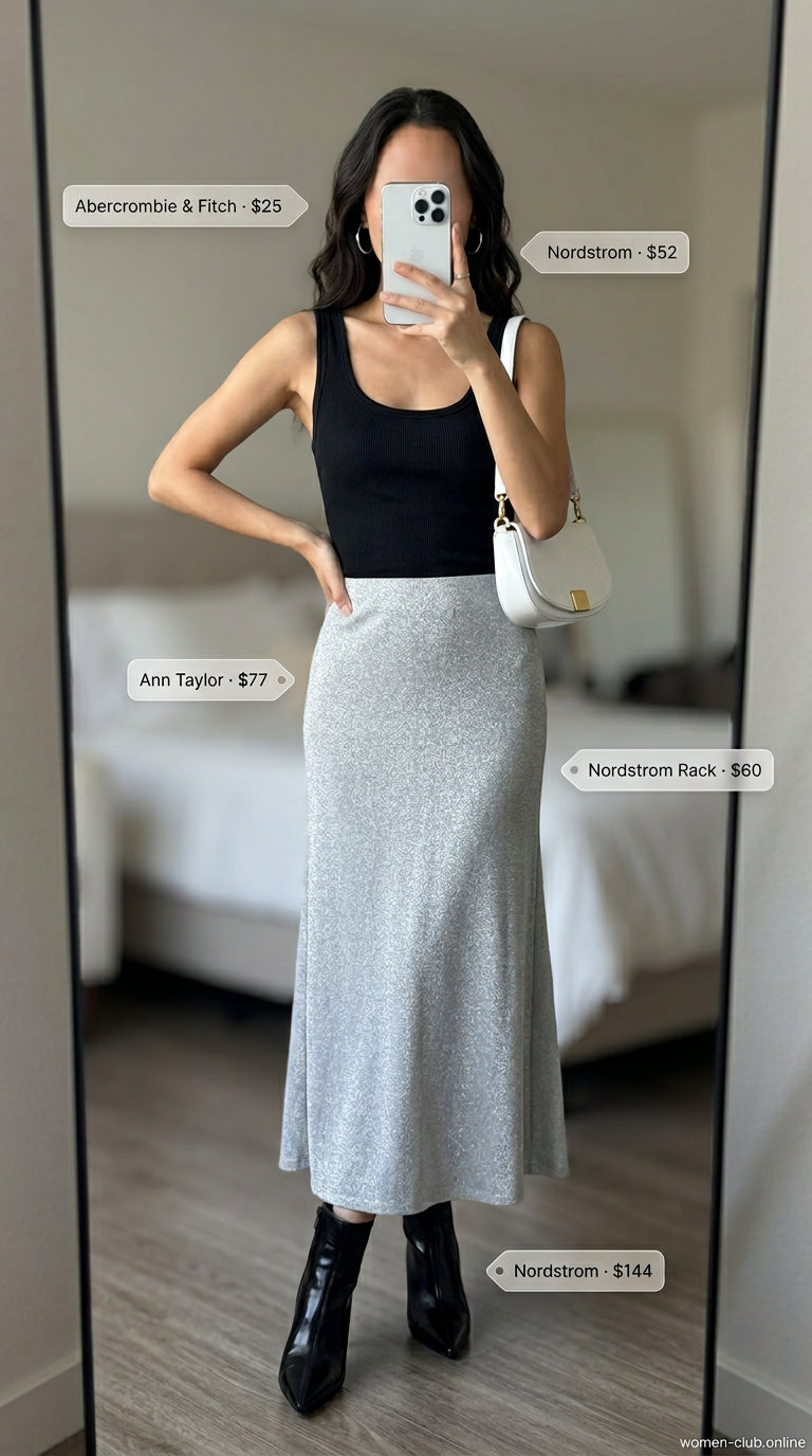 Chic silver shimmering knit skirt outfit for sparkle summer going out outfits for women 2026. Paired with a black tank and ankle boots.